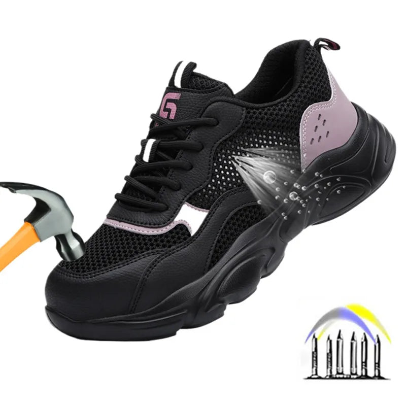 summer breathable work shoes industrial lightweight safety shoes for women black pink labor protection shoes steel toe sneakers