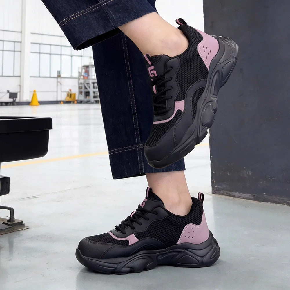 summer breathable work shoes industrial lightweight safety shoes for women black pink labor protection shoes steel toe sneakers
