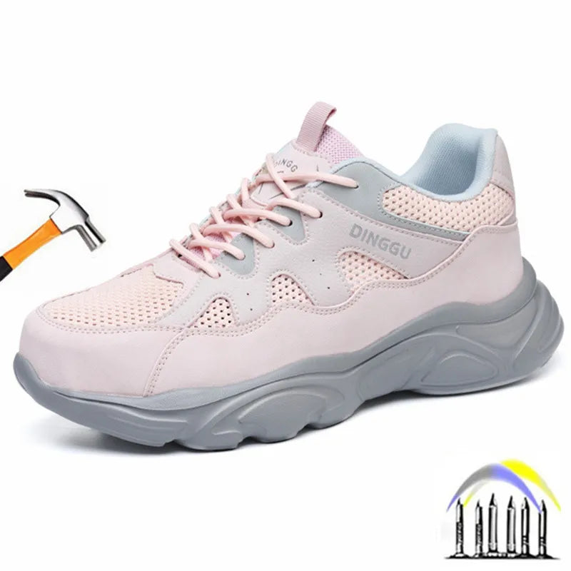summer breathable mesh work shoes lightweight woman safety shoes steel toe work sneakers anti-stab protective work boots