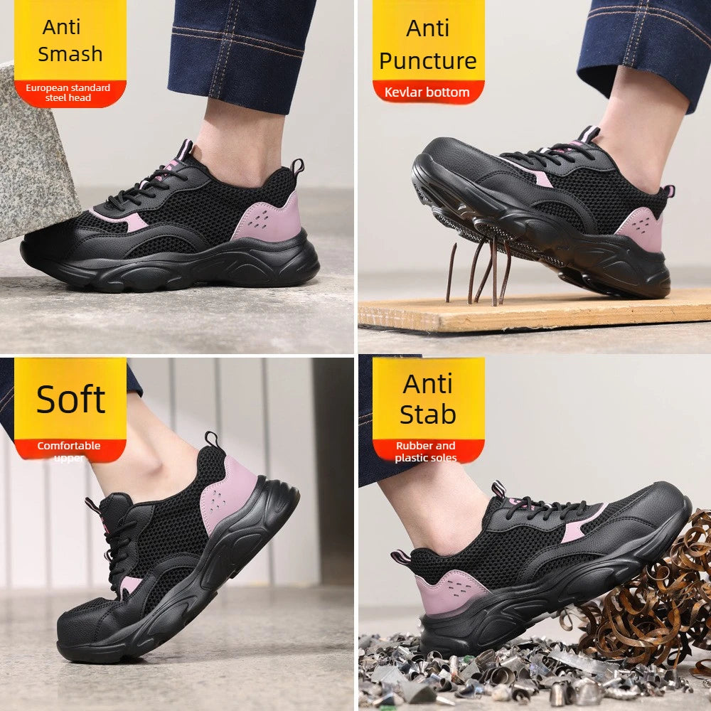 summer breathable work shoes industrial lightweight safety shoes for women black pink labor protection shoes steel toe sneakers